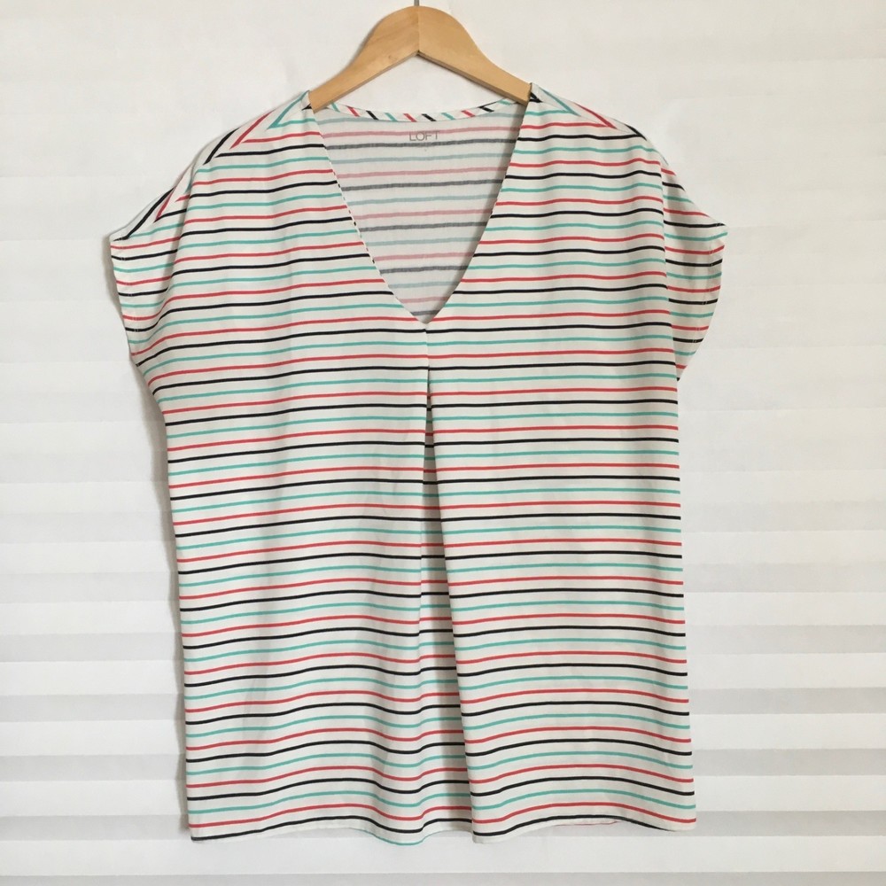 LOFT Womens Blouse Size L Cap Sleeves Flowy Striped V Neck Multi Color Pull Over
